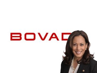 Kamala Harris with Bovada logo in the background