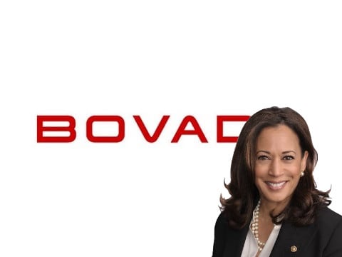 Kamala Harris with Bovada logo in the background