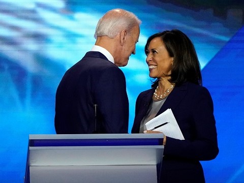 creepy joe biden standing very close to kamala harris after a debate