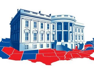 illustration of the white house on top of the us electoral college map