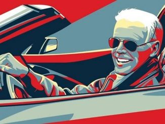 stylized image of joe biden in a convertible for his ridin with biden campaign