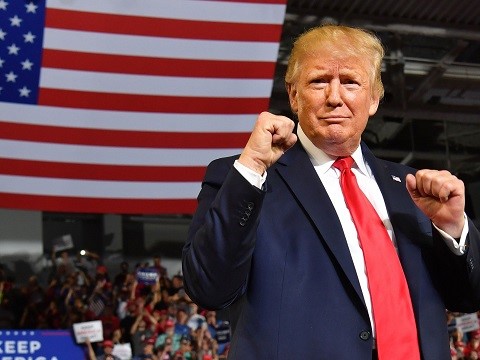 trump standing in front of american flag with his fists up in a boxing pose