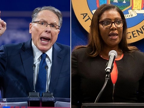 nra ceo wayne lapierre at a podium spliced next to new york ag letitia james at a podium