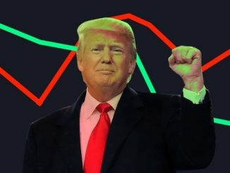 donald trump with fist raised in front of a graph or chart