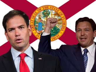 Florida Republicans Marco Rubio and Ron DeSantis in front of the state flag