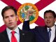 Florida Republicans Marco Rubio and Ron DeSantis in front of the state flag