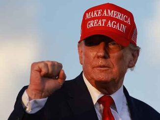 Donald Trump wearing a MAGA hat and pumping his fist